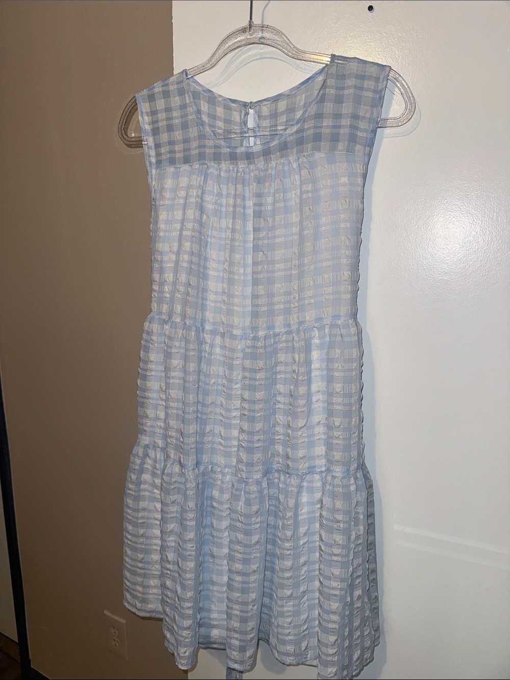 Calvin Klein Light Blue & White Check Tiered Dress